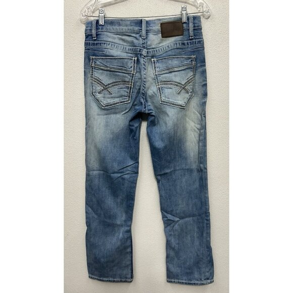 BKE Jake Straight Leg Jeans Mens 31S Blue Embroidered Thick Stitch Low Rise - Picture 1 of 11
